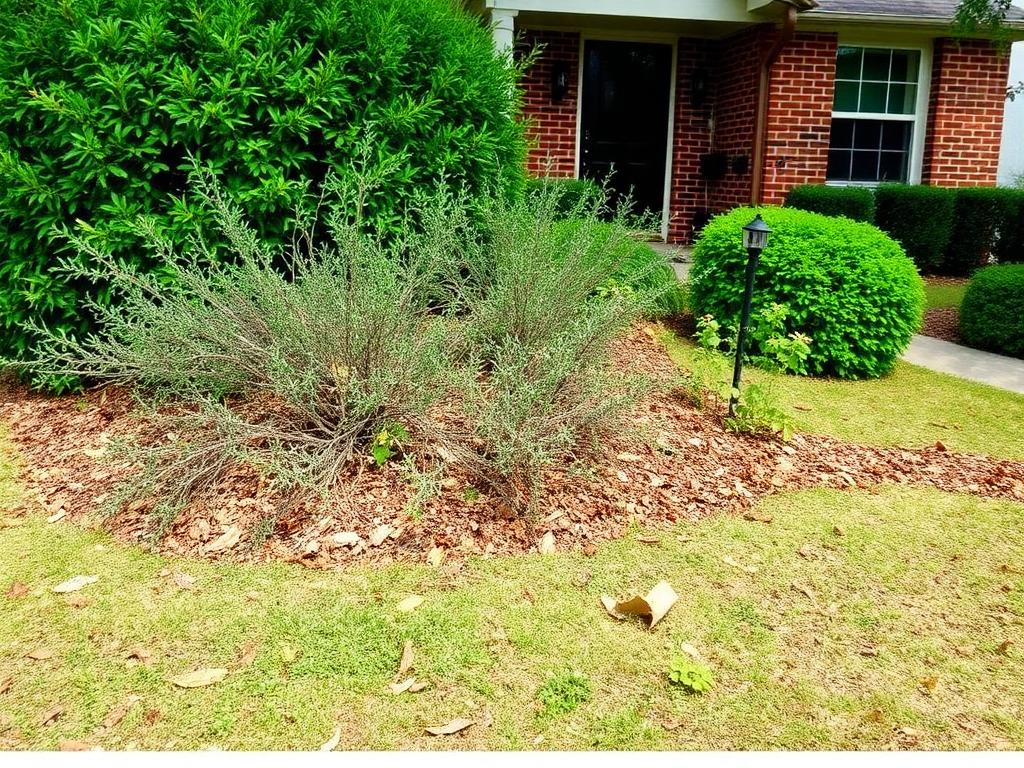 Walkthrough photo — overgrown beds and leaf debris at the front elevation