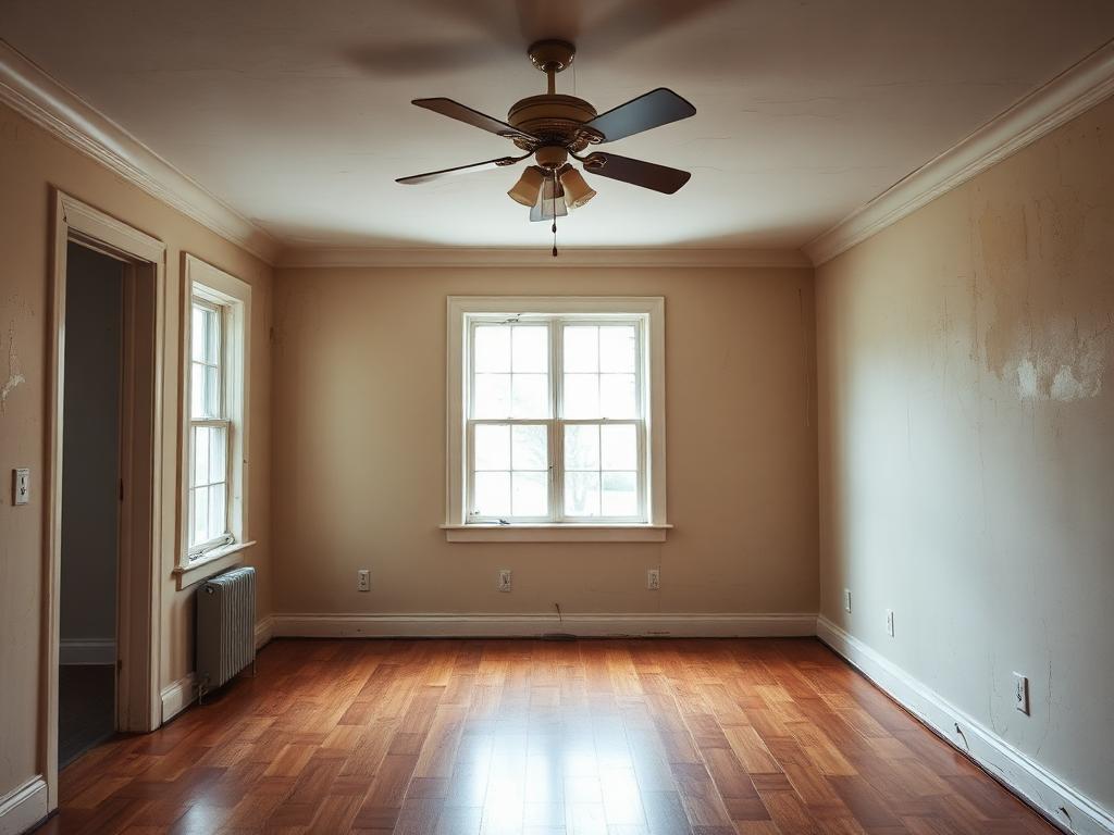 Walkthrough photo — scuffed, dated wall paint in the main living area