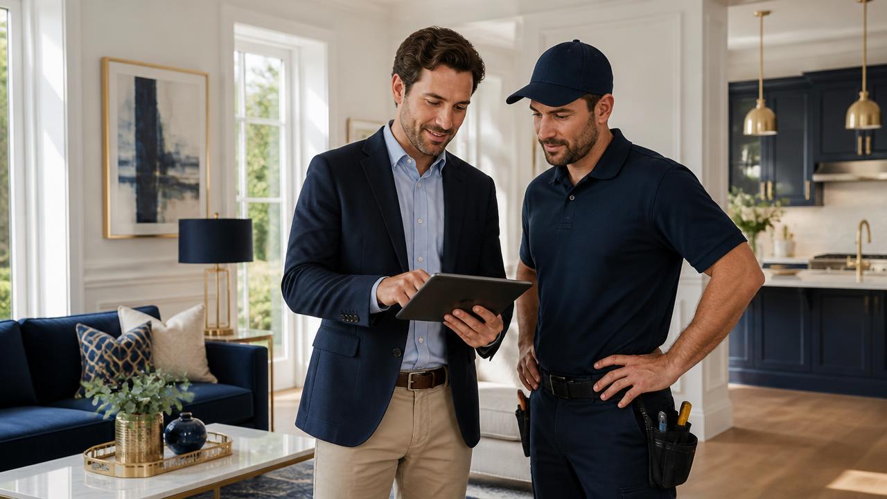 A Market Prep Pro project manager reviews a pre-listing scope with a vetted contractor inside a home.